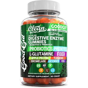 Digestive Enzymes with Probiotics and Prebiotics For Digestive Health Gummies + L-Glutamine For Gut Health Bromelain Turmeric Licorice Fiber Apple Pectin Inulin FOS Plant Pased Vegan Gummy Vitamins