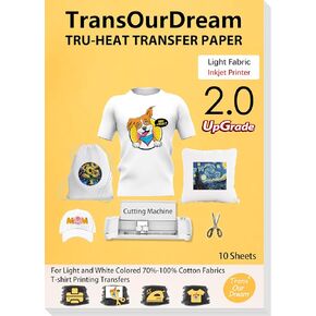 TransOurDream Tru-Heat Transfer Paper for Inkjet Printer (10 Sheets, 8.5x11") Printable Heat Transfer Vinyl for T Shirts Iron on Transfers for Dark Fabrics