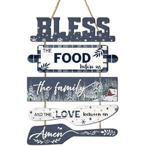 Creoate 4 Pieces Bless Food Family Love Signs Wall Decor Plaque, Farmhouse Rustic, Wood Wall Hanging Decorations for Dining Room Kitchen, Christmas Gift for Home, Small (4 x 10 IN X4)