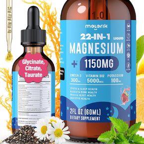1150mg Magnesium Glycinate Liquid with Citrate, Taurate - 22 in 1 Liquid Magnesium Drops with Omega3, 5000mcg Vitamin B12, B6, C, D, Zinc, Potassium for Night, Digestive - Sugar Free Strawberry Flavor