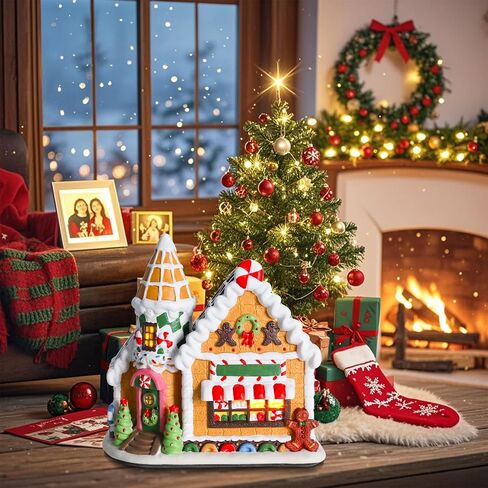 Dream Garden Christmas Village House، منزل خبز الزنجبيل السيراميكي مع ضوء LED متجر حلوى الزنجبيل المباني القابلة للتجميع لتزيين سطح الطاولة وعباءة عيد الميلاد وديكور المنزل in Saudi Arabia