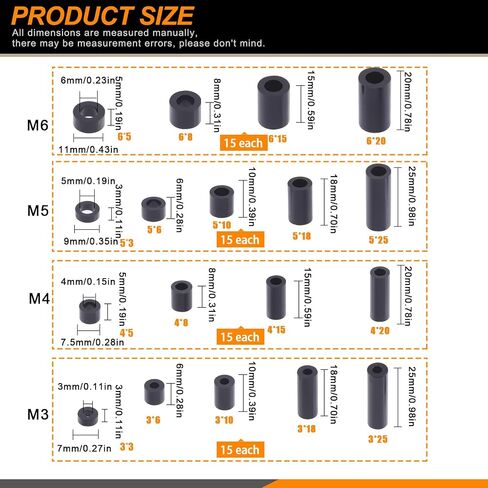 270Pcs 18 Sizes M3 M4 M5 M6 Nylon Round Spacer Standoff Assortment Kit Black Electrical Outlet Screws Spacers Round Nylon Tubing Spacers Plastic Spacers for Screws Hardware Spacer Bracket in Saudi Arabia