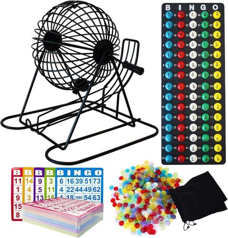 Yuanhe Jumbo Bingo Game Set - 11" Metal Round Cage, 75 Colored Bingo Balls, 100 Bingo Cards, 500 Mixed Chips and Master Board for Large Groups, Parties in Saudi Arabia