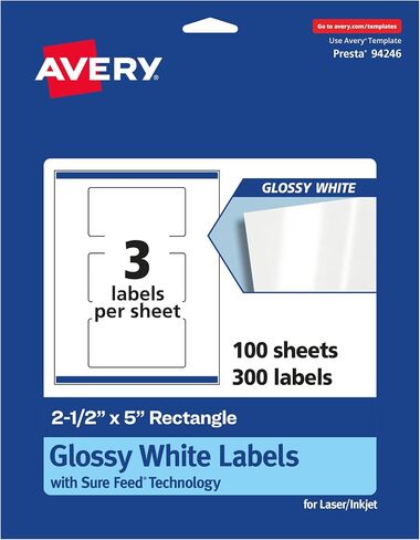 ملصقات مستطيلة بيضاء لامعة من Avery مع تغذية مؤكدة، 2.5 بوصة × 5 بوصة، 75 ملصقًا أبيض لامع، طباعة إلى الحافة، لاصق ملصق دائم، ملصقات قابلة للطباعة بالليزر/النافثة للحبر in Saudi Arabia