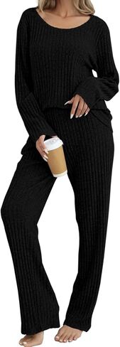 Women's Ribbed Knit Pajama Set Long Sleeve 2 Piece Loungewear Outfits Soft Pj Clothing Set with Pockets in Saudi Arabia