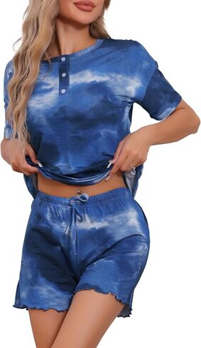 cheibear Womens 2 Piece Lounge Set Tie Dye Pajama Set Short Sleeve Shirt Button Up Sweatsuit Outfits in Saudi Arabia