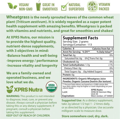 XPRS Nutra Organic Wheatgrass Juice Powder - Sustainably Grown - Instant Wheat Grass Juice Powder Made from Concentrated Juice - More Potent Than Organic Wheatgrass Powder - 8 Ounce in Saudi Arabia