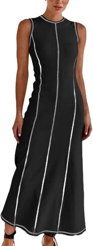Women's 2024 Summer Sundress Elegant Casual Crew Neck Sleeveless Knit Striped Bodycon Maxi Dress in Saudi Arabia
