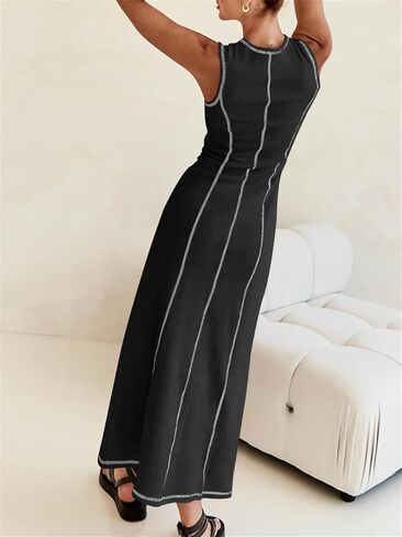 Women's 2024 Summer Sundress Elegant Casual Crew Neck Sleeveless Knit Striped Bodycon Maxi Dress in Saudi Arabia