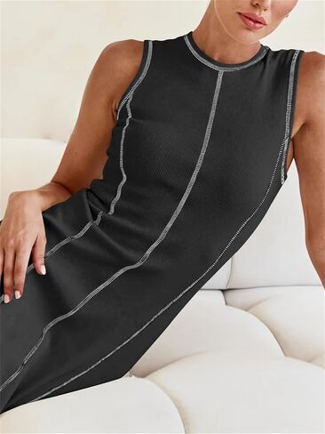 Women's 2024 Summer Sundress Elegant Casual Crew Neck Sleeveless Knit Striped Bodycon Maxi Dress in Saudi Arabia
