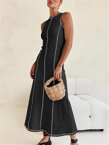 Women's 2024 Summer Sundress Elegant Casual Crew Neck Sleeveless Knit Striped Bodycon Maxi Dress in Saudi Arabia