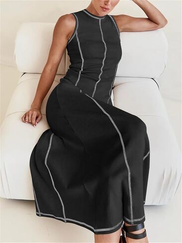 Women's 2024 Summer Sundress Elegant Casual Crew Neck Sleeveless Knit Striped Bodycon Maxi Dress in Saudi Arabia