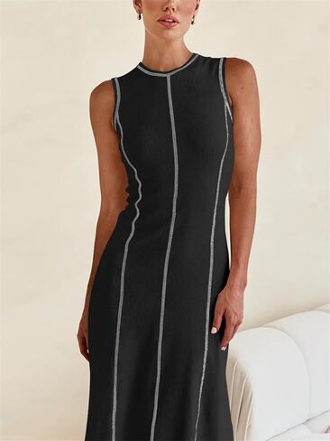 Women's 2024 Summer Sundress Elegant Casual Crew Neck Sleeveless Knit Striped Bodycon Maxi Dress in Saudi Arabia