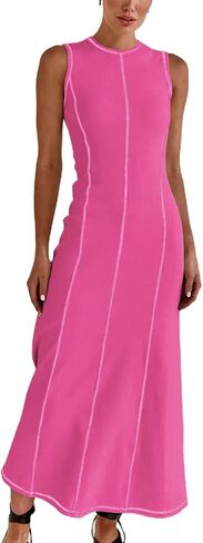 Women's 2024 Summer Sundress Elegant Casual Crew Neck Sleeveless Knit Striped Bodycon Maxi Dress in Saudi Arabia