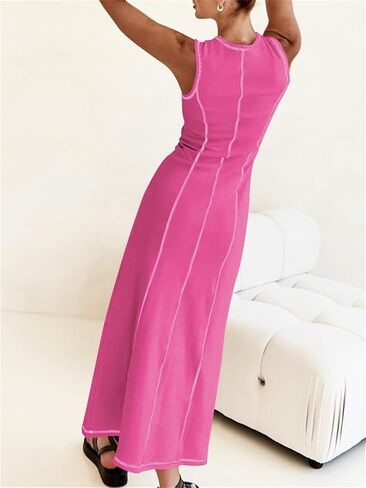 Women's 2024 Summer Sundress Elegant Casual Crew Neck Sleeveless Knit Striped Bodycon Maxi Dress in Saudi Arabia