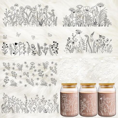 UV DTF Cup Wrap - 8 Sheets Flower UV DTF Cup Wraps for 16 oz Daisy Strawberry Butterfly Uvdtf Cup Wraps Waterproof Boho Floral Personalized UV DTF Wraps for Glass Cups Wood Crafts in Kuwait