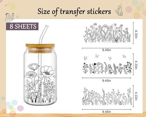 UV DTF Cup Wrap - 8 Sheets Flower UV DTF Cup Wraps for 16 oz Daisy Strawberry Butterfly Uvdtf Cup Wraps Waterproof Boho Floral Personalized UV DTF Wraps for Glass Cups Wood Crafts in Kuwait