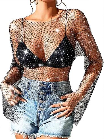 Uranian Rhinestone Mesh Crop Top Sexy Body Chain See Through Tank Top Long Sleeve Bikini Cover Up for Beach Party Festival in Kuwait