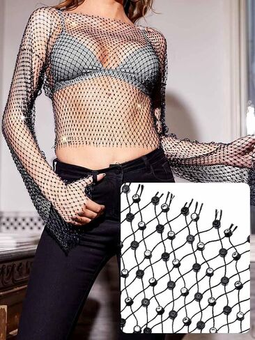 Uranian Rhinestone Mesh Crop Top Sexy Body Chain See Through Tank Top Long Sleeve Bikini Cover Up for Beach Party Festival in Kuwait