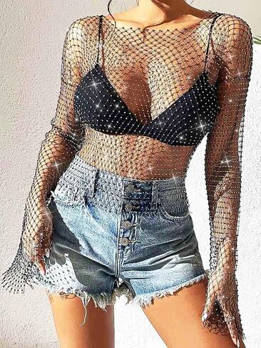 Uranian Rhinestone Mesh Crop Top Sexy Body Chain See Through Tank Top Long Sleeve Bikini Cover Up for Beach Party Festival in Kuwait