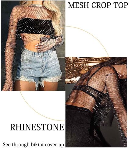Uranian Rhinestone Mesh Crop Top Sexy Body Chain See Through Tank Top Long Sleeve Bikini Cover Up for Beach Party Festival in Kuwait