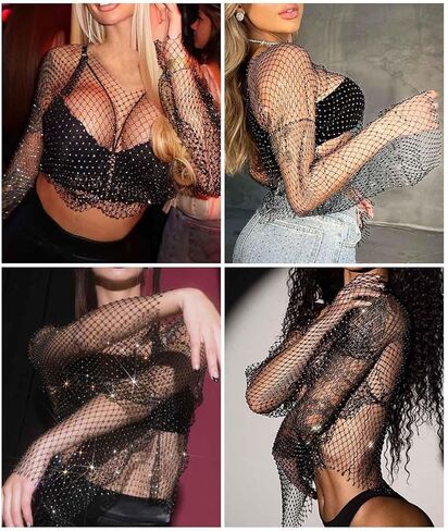Uranian Rhinestone Mesh Crop Top Sexy Body Chain See Through Tank Top Long Sleeve Bikini Cover Up for Beach Party Festival in Kuwait