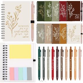Kosiz 10 Sets Christian Journal Gifts Bulk Include Spiral Notebook with Bible Ballpoint Pen Aesthetics Boho Flowers Sign Religious Scripture Notepad for Church Pastor Sunday School (Morandi Color)