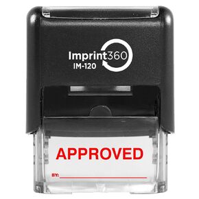 AS-IMP1114B - Approved Stamp with by: Line, Blue Ink, Heavy Duty Commerical Self-Inking Rubber Stamp, 9/16" x 1-1/2" Impression