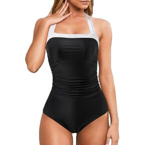 MOOSLOVER Women Retro Halter One Piece Swimsuit Color Block Tummy Control Bathing Suit