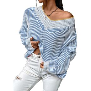 Cakulo Womens Fall 2024 Oversized Striped V Neck Sweaters Long Sleeve Knit Color Block Trendy Pullover Sweater Top in Kuwait
