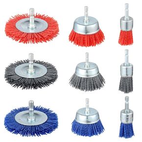 9 Pack Nylon Filament Abrasive Wire Brush Wheel & Cup Brush Set, Nylon Brush for Drill with 1/4"Hex Shank for Removal of Rust Corrosion Paint-80 Grit, 120 Grit, 240 Grit