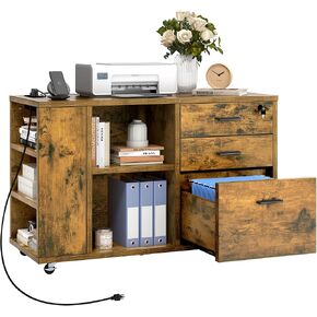 DWVO File Cabinet with Charging Station, 3 Drawer Mobile Office Furniture, Lateral Filing Cabinet with Lock, Printer Stand with Open Storage Shelf for Home Office, Black