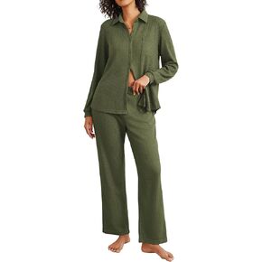 Ekouaer Womens Waffle Knit Pajamas Set 2 Pieces Loungewear Long Sleeve Button Down Matching Sleepwear