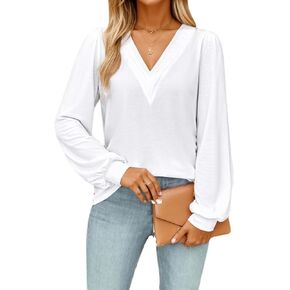 Halife Women's Puff Long Sleeve Tops Pleated V Neck Dressy Casual Blouse Shirt Top Soft Loose Fit T-Shirts Cute Fall Blouses