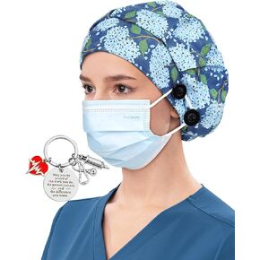 Satin Lined Bouffant Scrub Nurse Cap with 4 Buttons and Sweatband Adjustable