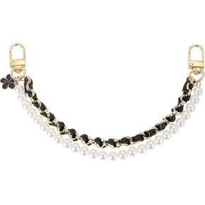 uxcell 10.2'' Pearl Purse Double Chain, Metal Purse Extender Chain, PU Leather Handle Replace Chain, Purse Handles Chain Wrist for Handbag, Mobile Case(Black, Gold Chain)