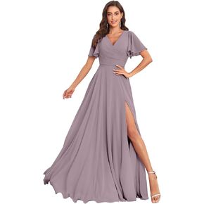 Women's Short Sleeve Bridesmaid Dress for Wedding Long A line Chiffon Evening Gown with Slit