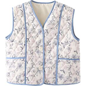 Womens Cropped Puffer Vest Floral Quilted Lightweight Sleeveless Jacket Open Front V Neck Padded Gilet Outwear