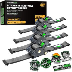 Rhino USA 2"x10’ Retractable E-Track Ratchet Straps: 3033lb Max Break Strength Compatible with E Track Rail Systems only– Perfect for UTV’s, ATV’s and Other Cargo (Red - 2 Pack)