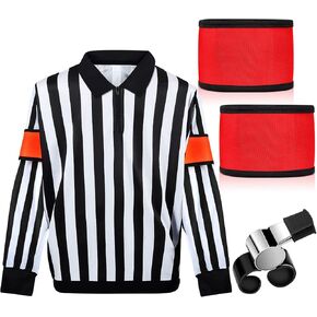 Hicarer Ice Hockey Long Sleeve Striped Referee Shirt Men's Official Referee Costume Orange Red Armbands Finger Grip Whistle