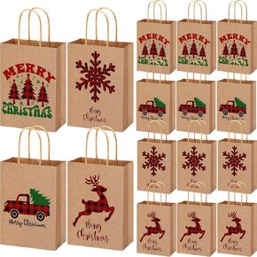 Yeaqee 100 Pcs Christmas Kraft Gift Bags Bulk Xmas Holiday Paper Gift Bags with Handle Plaid Candy Treat Party Favor Bags for Christmas New Year Presents Wrapping Party Favor Supplies Decor