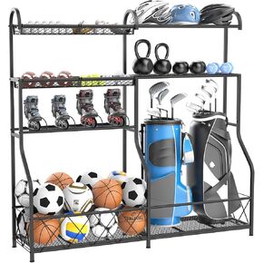 Large Sports Equipment Organizer, Sports Storage Organizer with 4 Basket, Heavy Duty Steel Ball Storage Garage, Sports Rack for Garage, 61 x 15.7 x 58.3 in, Black, BST002B