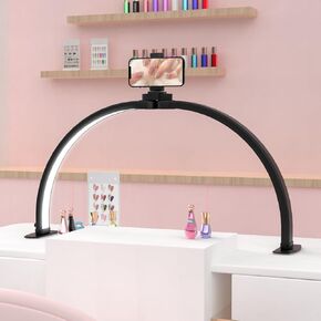 Half Moon Light for Nail Desk with Phone Holder 29In 38W Nail Lamp for Desk with Wire Controller Adjustable Color Temperature and Brightness for Beauty Care, Nail Art, Tattoo, Crafting, White