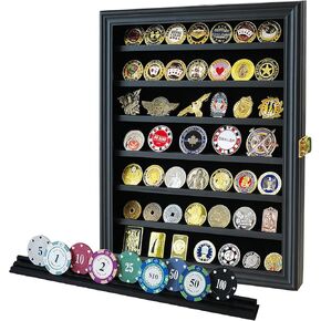 SEETOOOGAMES Challenge Coin Display Case - Military Shadow Box Holder - Removable 3 Grooves Shelves