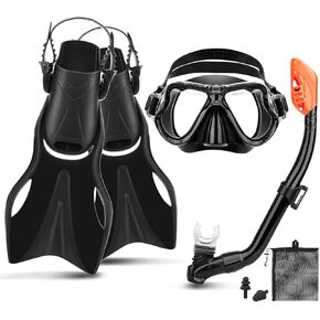CTSAYTL Snorkeling Gear for Kids, 4 in 1 Travel Size Mask Fins Snorkel Set with Panoramic View Anti Fog Mask, Dry Top Snorkel, Trek Fins and Travel Bag, Kids Snorkel Set for Swimming Snorkeling