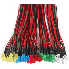 100pcs 5 Colors DC 12V LED Lights Emitting Diodes Pre Wired 5mm (20pcs x 5 Colors) Assorted Kit Small LED Lamps Red Yellow Blue White Green