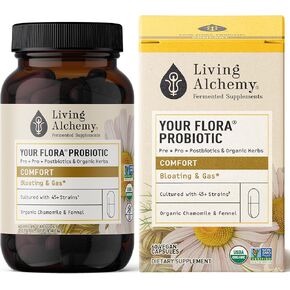 Gut Health Supplements - Your Flora Probiotic Comfort with Fermented Soybean, Chamomile, Fennel, Prebiotics, Digestive Enzymes, Probiotic for Women & Men - Vegan, Non-GMO - Living Alchemy, 60 Pcs