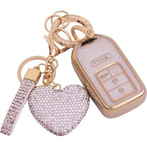 Compatiable with Honda key fob cover with Diamond Bling Keychain, Car Accessories Key holder Shell Full Protection for 2016-2022 Accord Civic CRV Pilot Odyssey,Silver Pink