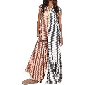 Women's Casual Loose Button Down Striped Jumpsuit Sleeveless Wide Leg Pants Comfy Rompers Baggy Overalls