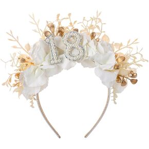 40th Birthday Headband - Handmade 40th Birthday Crown Happy 40th Birthday Accessory with Flowers and Pearls for Women Champagne